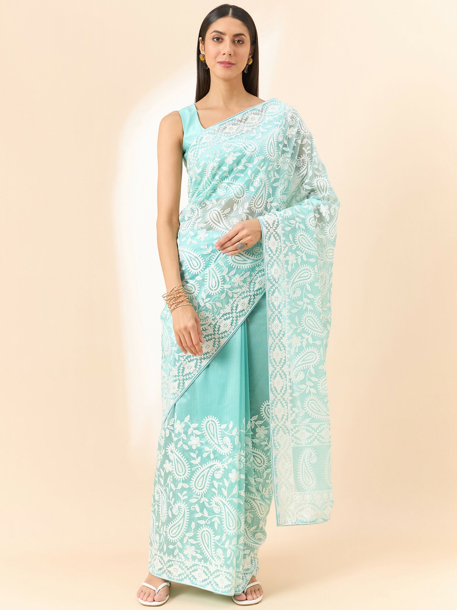 Blue Organza Paisely Embroidered Saree with Unstitched Blouse Piece - Roozal - Distacart