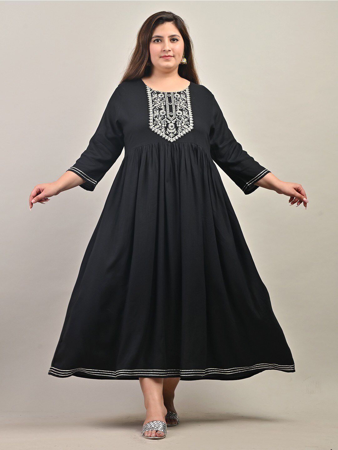 Swasti Plus Size Round Neck Gathered Ethnic Motifs Embroidered Gown Ethnic Dress - Distacart