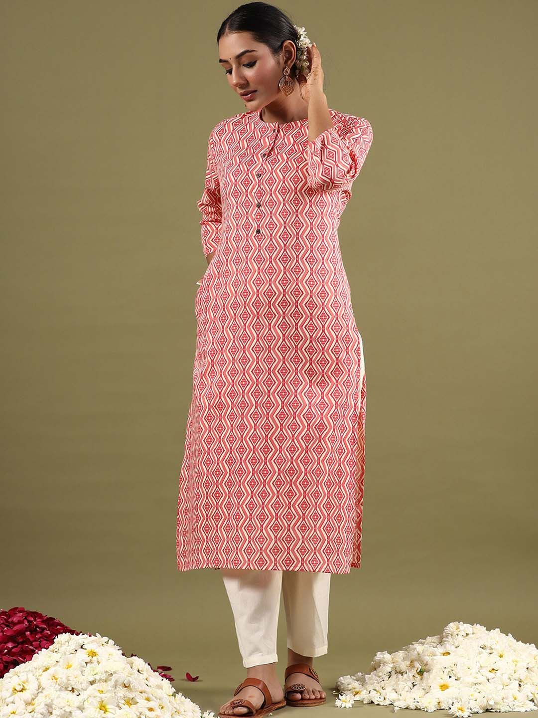 Indo Era Geometric Printed Mirror Work Straight Kurta