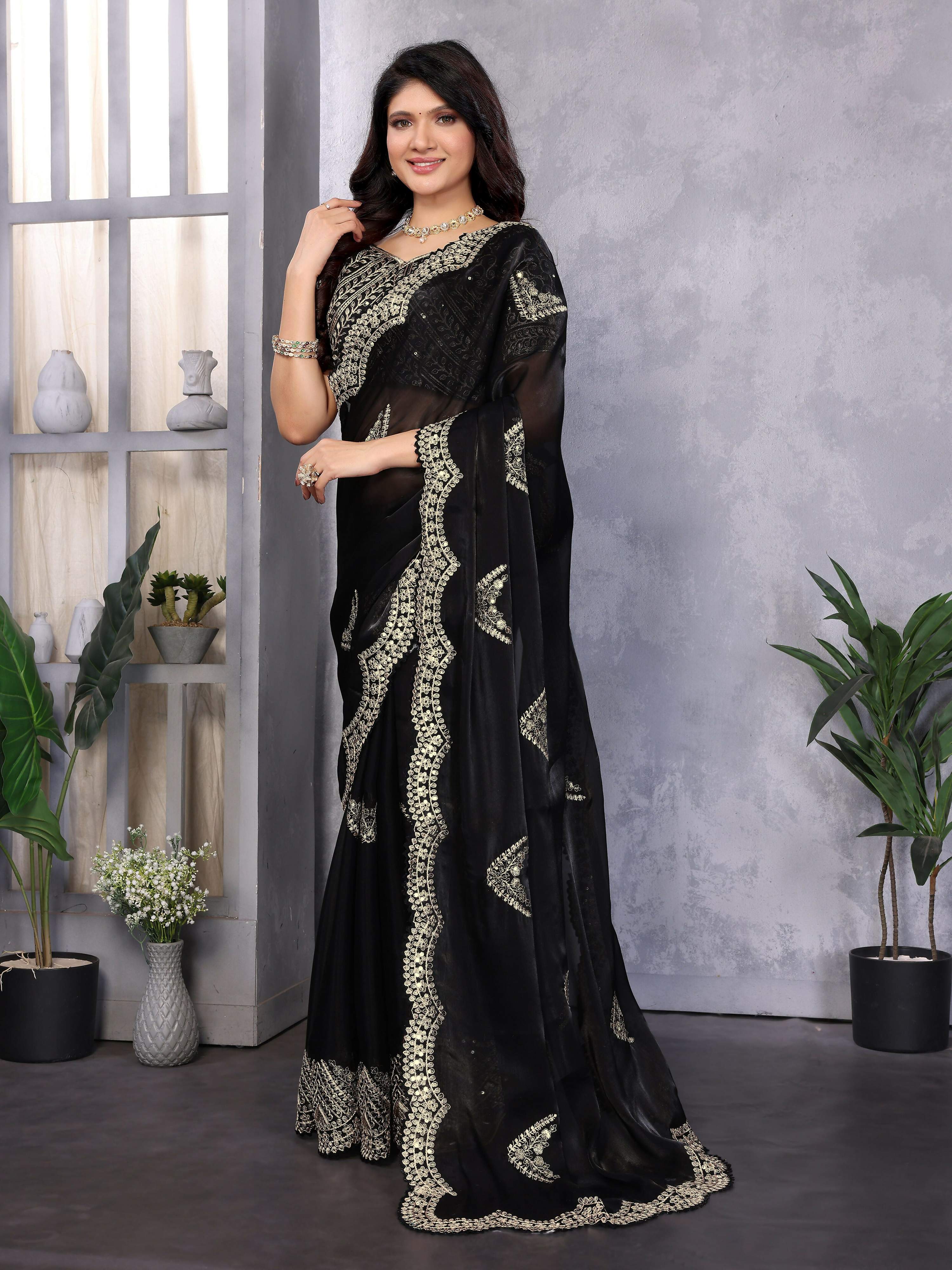 Vastranavya Black Embroidery Work Shimmer Chiffon Saree with Unstitched Blouse