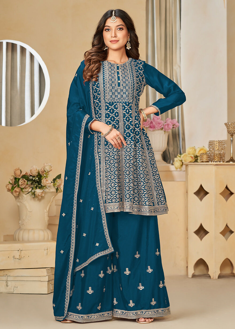 Chinnon Peacock Blue Embroidered Palazzo Salwar Suit - Emponline - Distacart