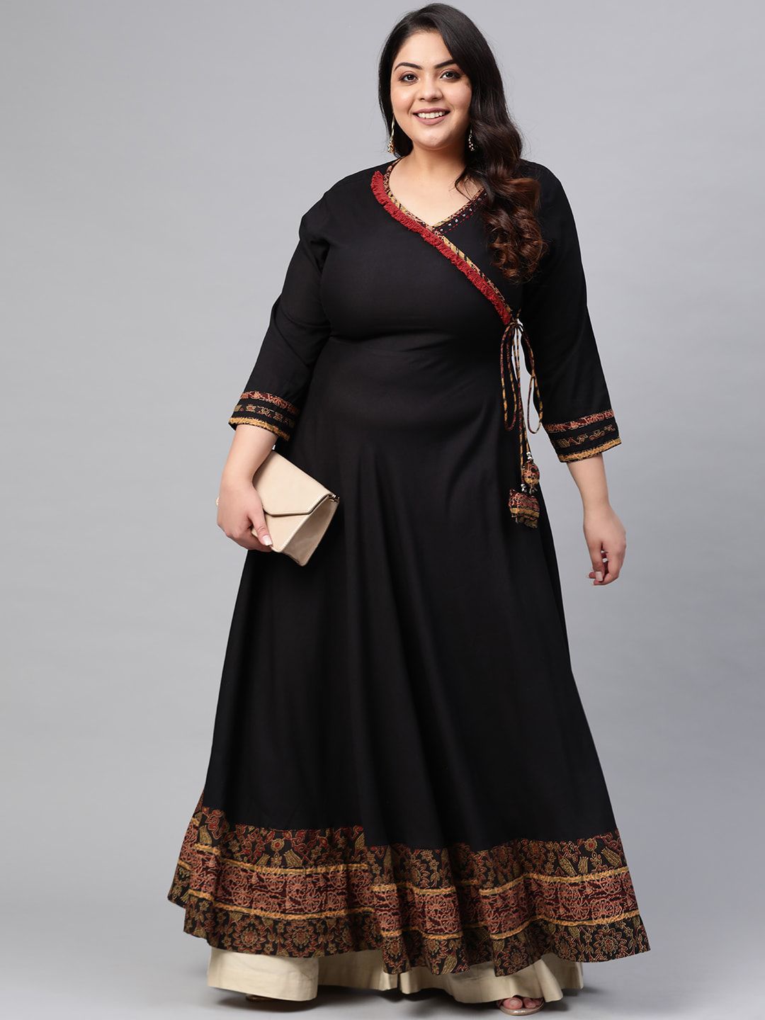 Kalini Plus Size Colourblocked V-Neck Three-Quarter Sleeves Thread Work Anarkali Kurta