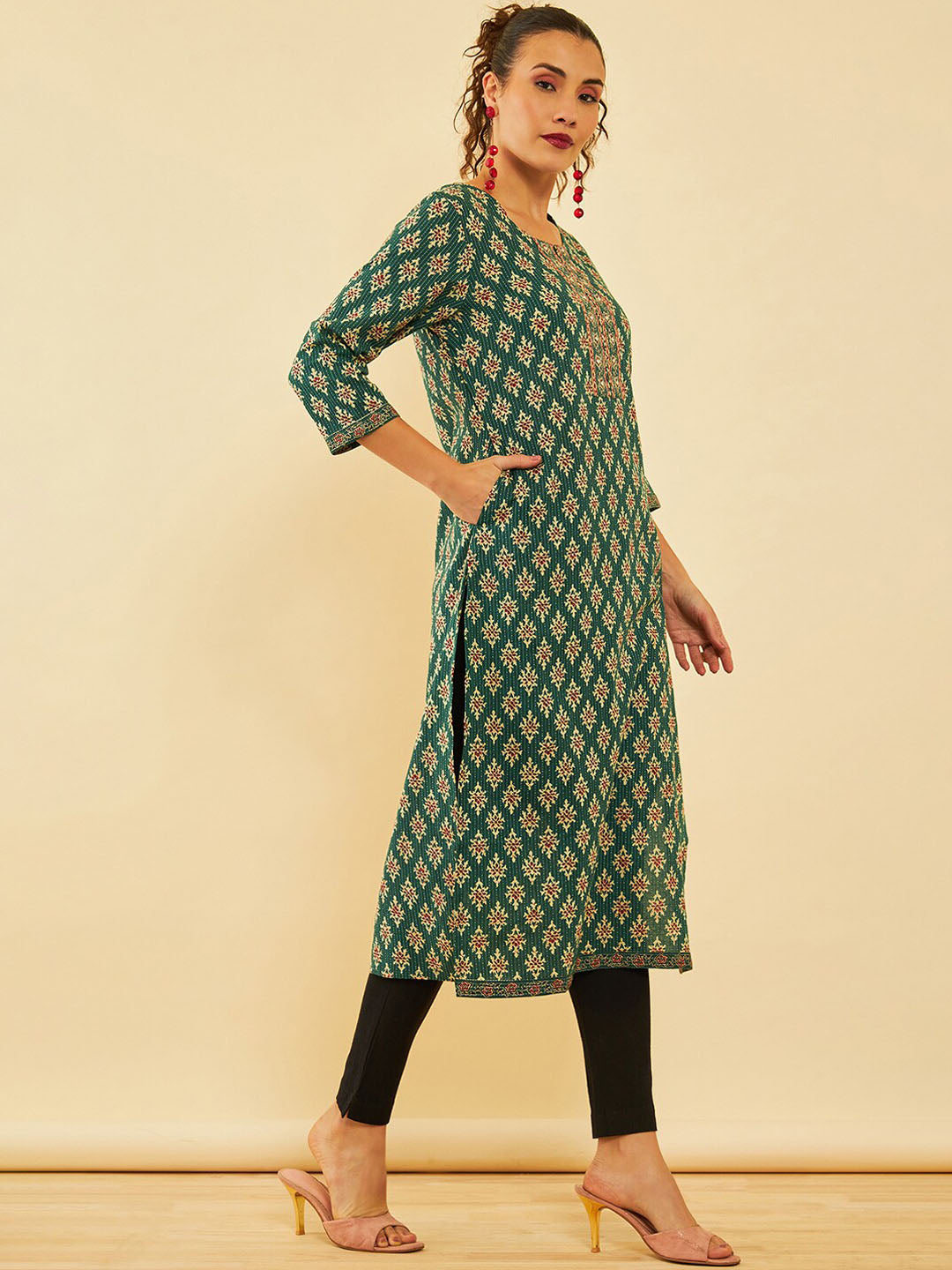 Soch Ethnic Motifs Printed Cotton Yoke Design Round Neck Mirror Work Kurta - Distacart