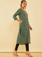 Thumbnail for Soch Ethnic Motifs Printed Cotton Yoke Design Round Neck Mirror Work Kurta - Distacart