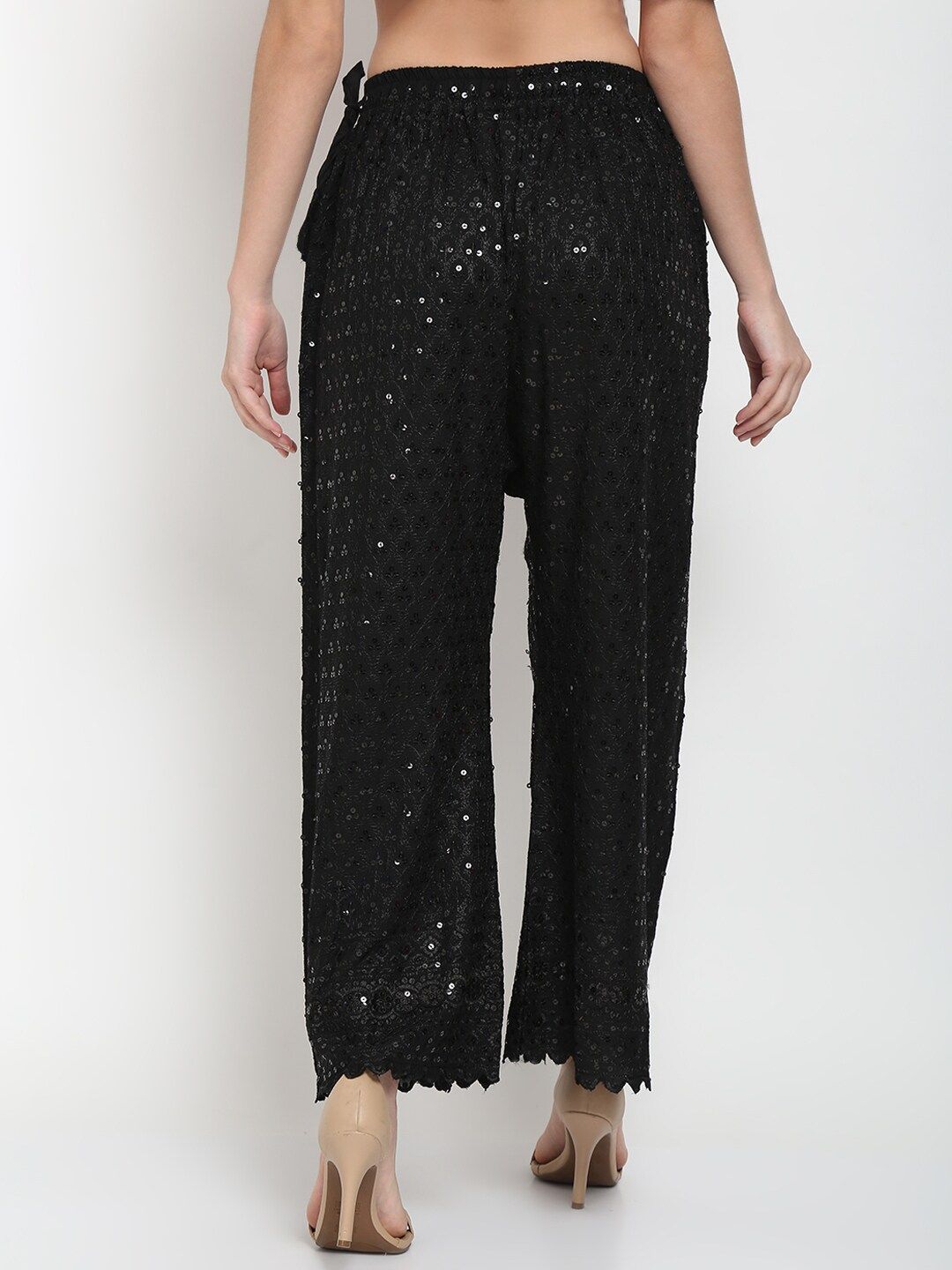 TAG 7 Women Black Ethnic Motifs Embroidered Sequin Flared Ethnic Palazzos - Distacart