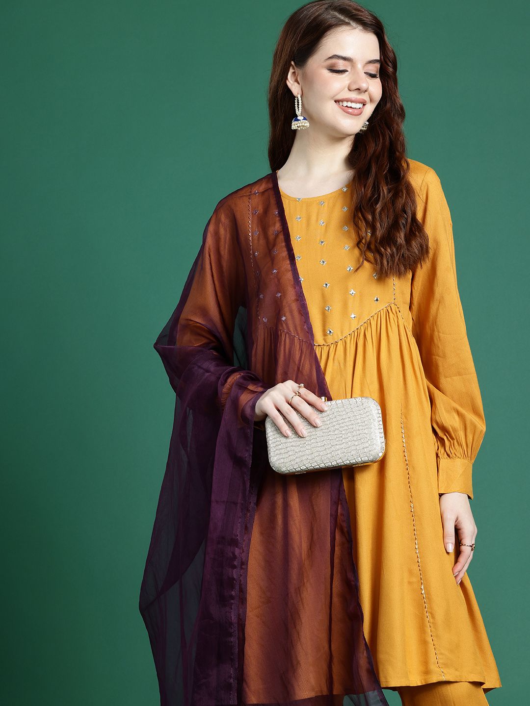 Sangria Mirror Work Embroidered Regular Gotta Patti A-Line Kurta With Trousers & Dupatta - Distacart