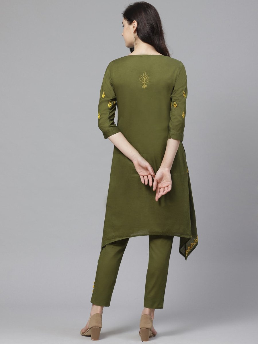 ADA Women Green & Yellow Chikankari Embroidered Sustainable Handloom Kurta with Trousers - Distacart