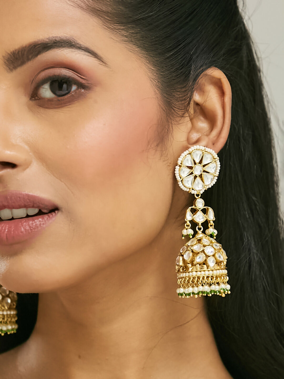 Nuyug 22K Gold-Plated Kundan Stone Studded & Pearl Beaded Dome Shaped Jhumkas