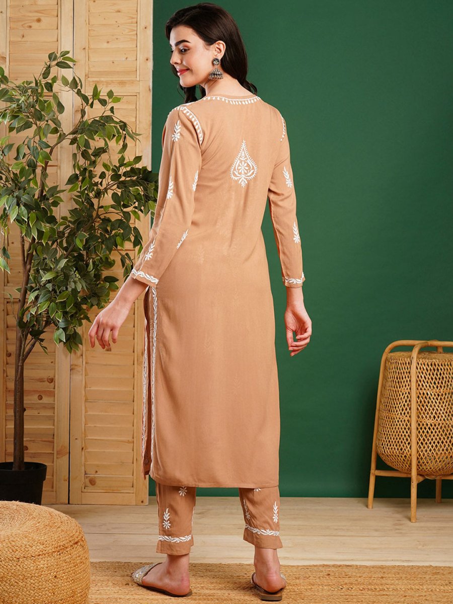 ADA Ethnic Motifs Embroidered Chikankari Kurta with Trousers - Distacart
