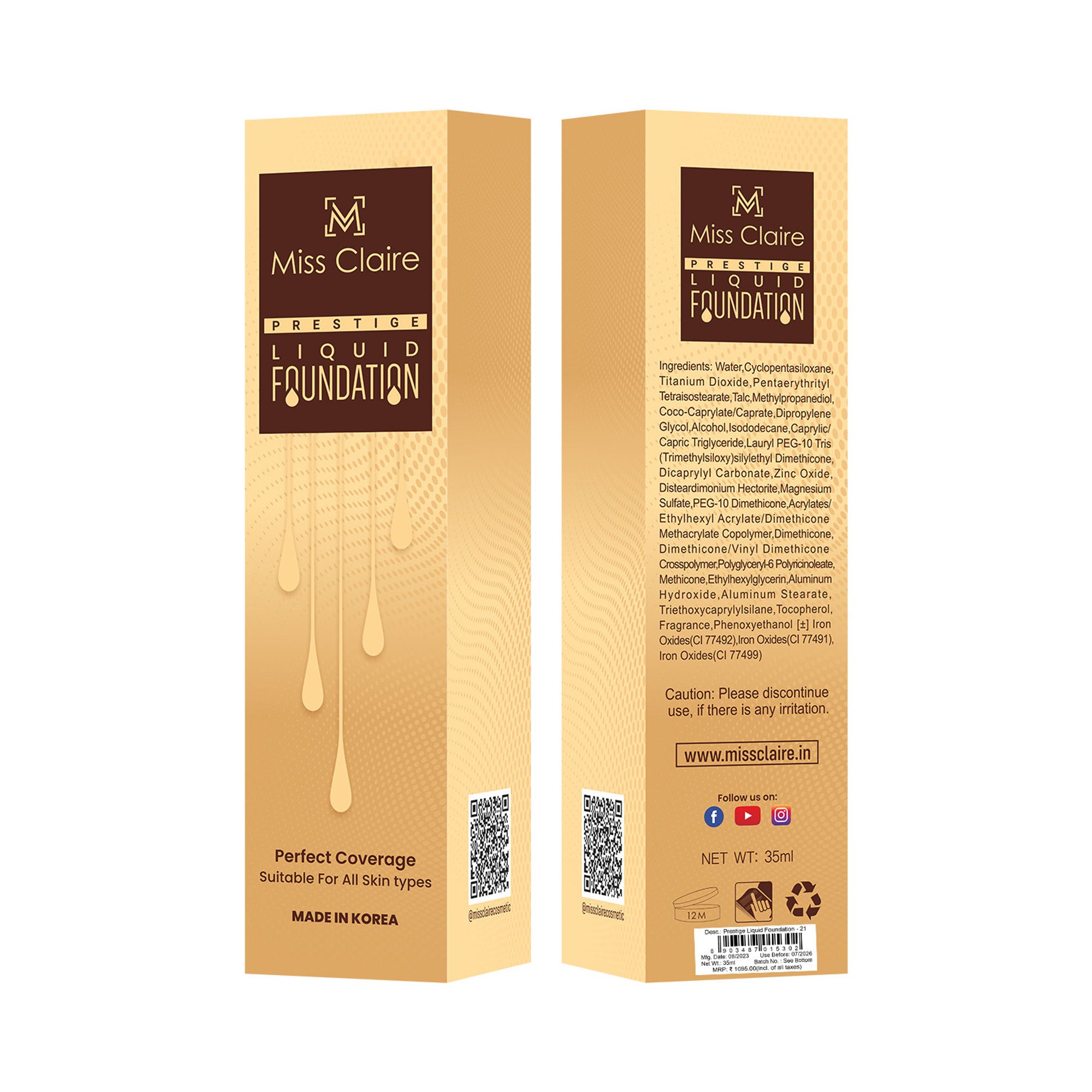 Miss Claire Prestige Liquid Foundation Perfect Coverage - 21 Natural Beige