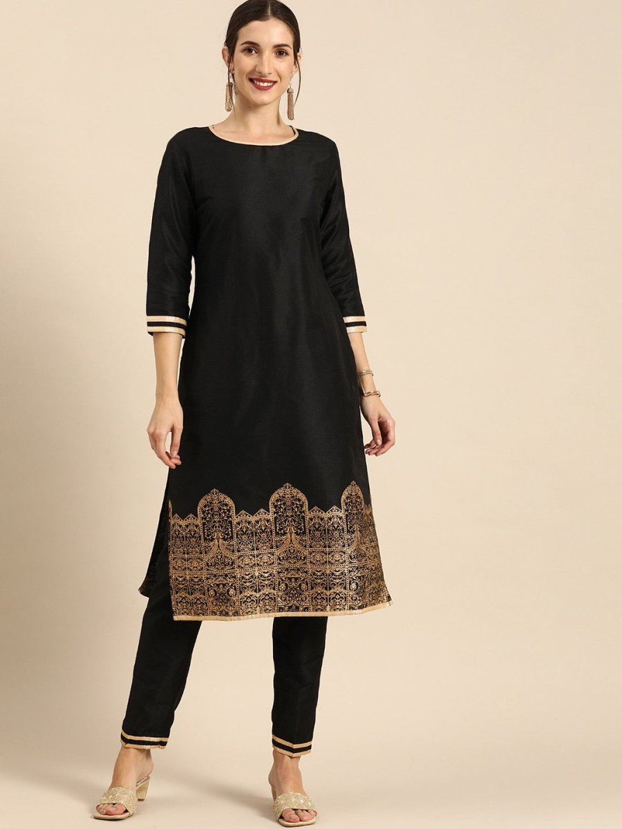 All About You Women Black & Gold Printed Regular Kurta with Trousers - Distacart