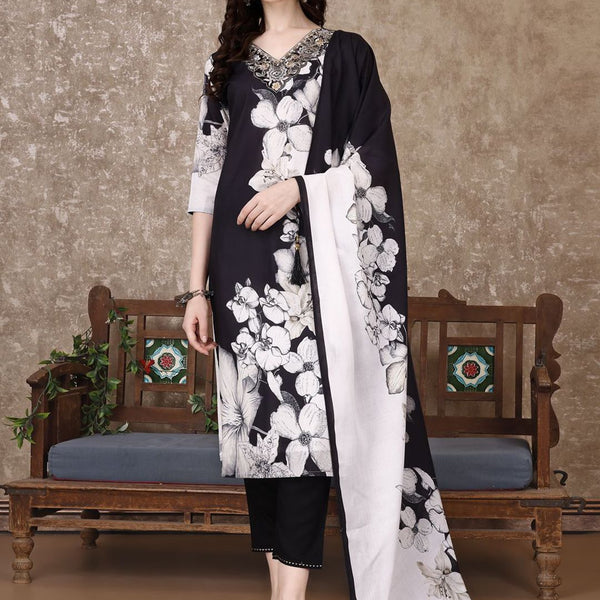 Kalini Women Floral Embroidered Regular Thread Work Kurta Trousers With Dupatta - Distacart