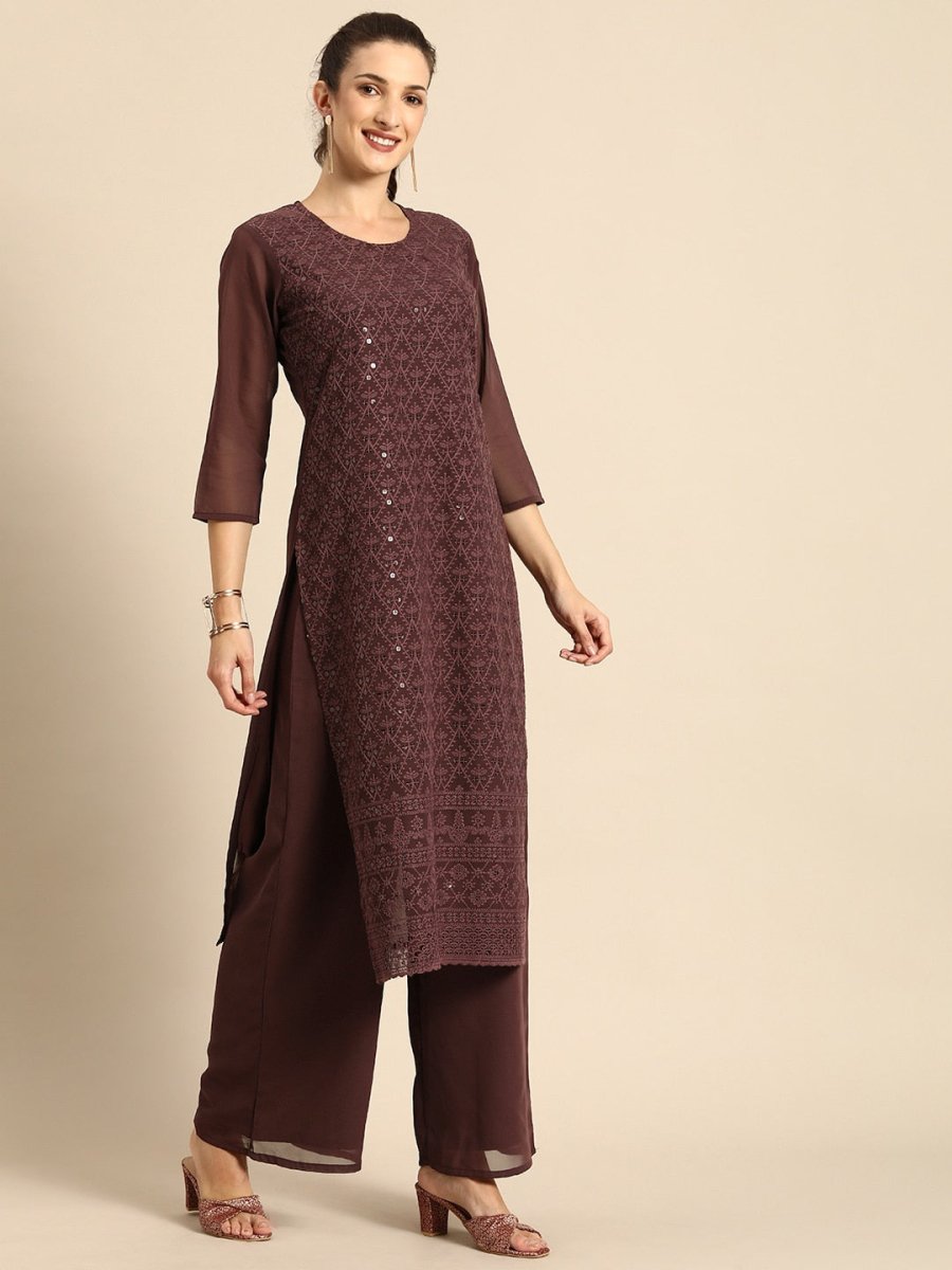 All About You Women Brown Ethnic Motifs Embroidered Regular Chikankari Kurta with Palazzos - Distacart
