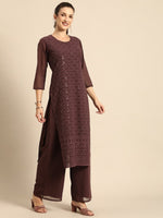Thumbnail for All About You Women Brown Ethnic Motifs Embroidered Regular Chikankari Kurta with Palazzos - Distacart