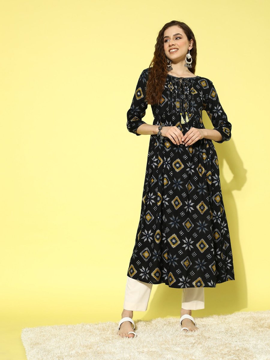 All About You Women Black & Yellow Printed Thread Work Tiering Liva Anarkali Kurta - Distacart