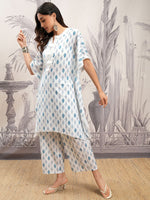 Thumbnail for Vishudh White & Blue Floral Printed Pure Cotton Straight Kurta with Trousers