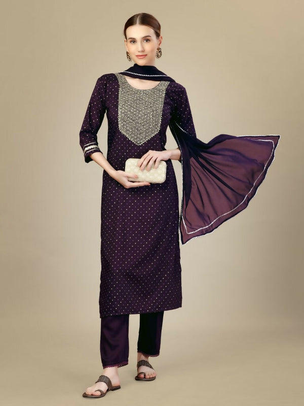Jyoti Fashion Women's Purple Silk Blend Embroidery & Sequence work Kurta with Trouser & Dupatta - Distacart