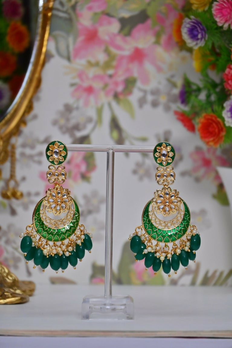 Green Gold-Polished Beautifully Enamelled Stylish Kundan & Pearl Dangle Women Earrings|Meenakari Chandbali Traditional Ethnic Wear Earrings By House of Ree - Distacart