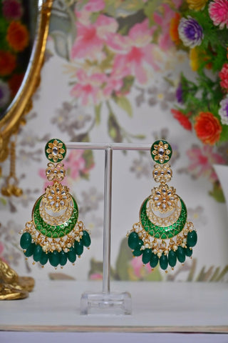 Green Gold-Polished Beautifully Enamelled Stylish Kundan & Pearl Dangle Women Earrings|Meenakari Chandbali Traditional Ethnic Wear Earrings By House of Ree - Distacart
