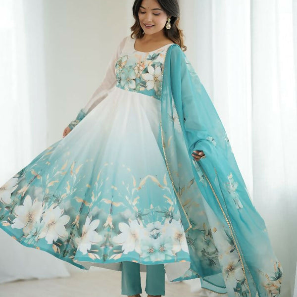 Joban Fashion Aqua Blue Kurta Set Organza Sequin Embroidery Work - Distacart