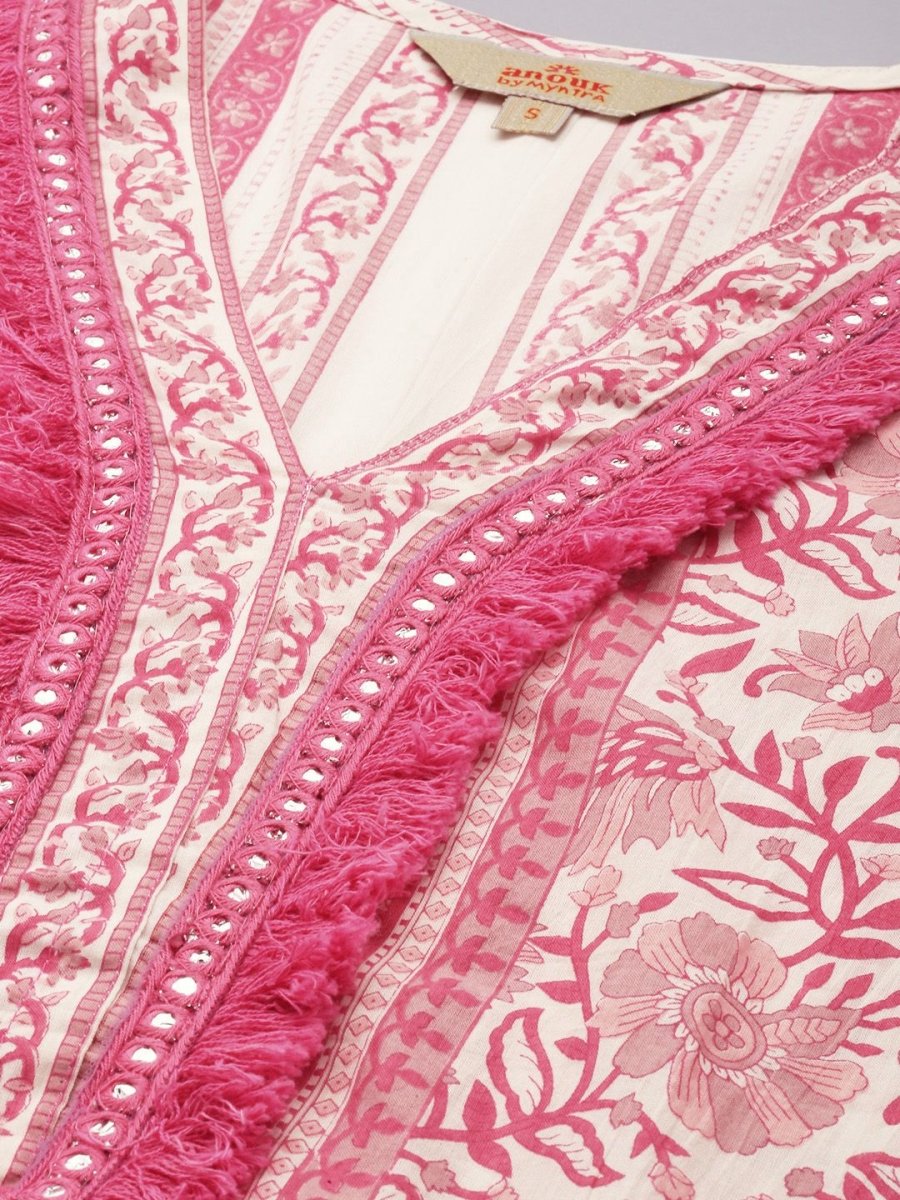 Anouk Women Floral Printed Regular Mirror Work Pure Cotton Kurta with Trousers - Distacart