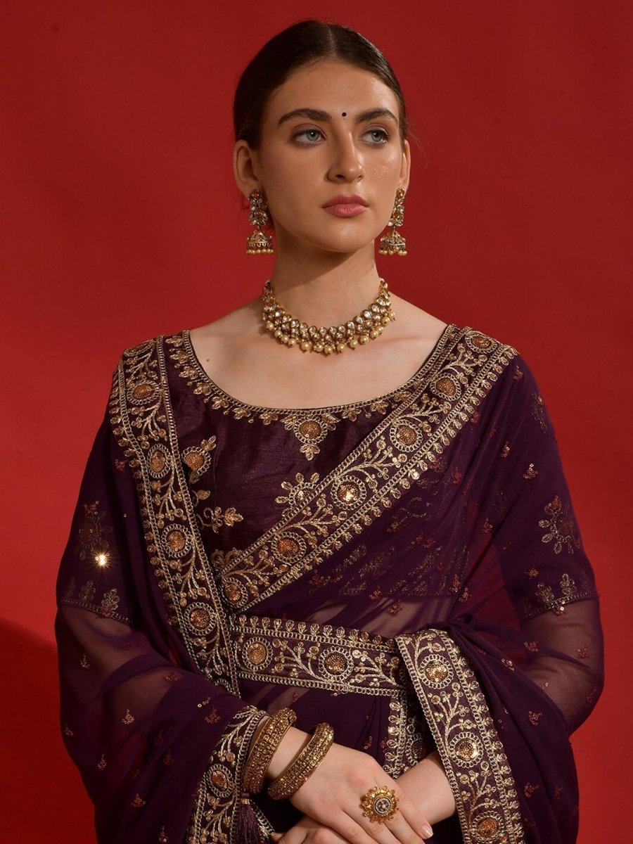 Anouk Purple & Gold-Toned Embellished Embroidered Pure Georgette Saree - Distacart