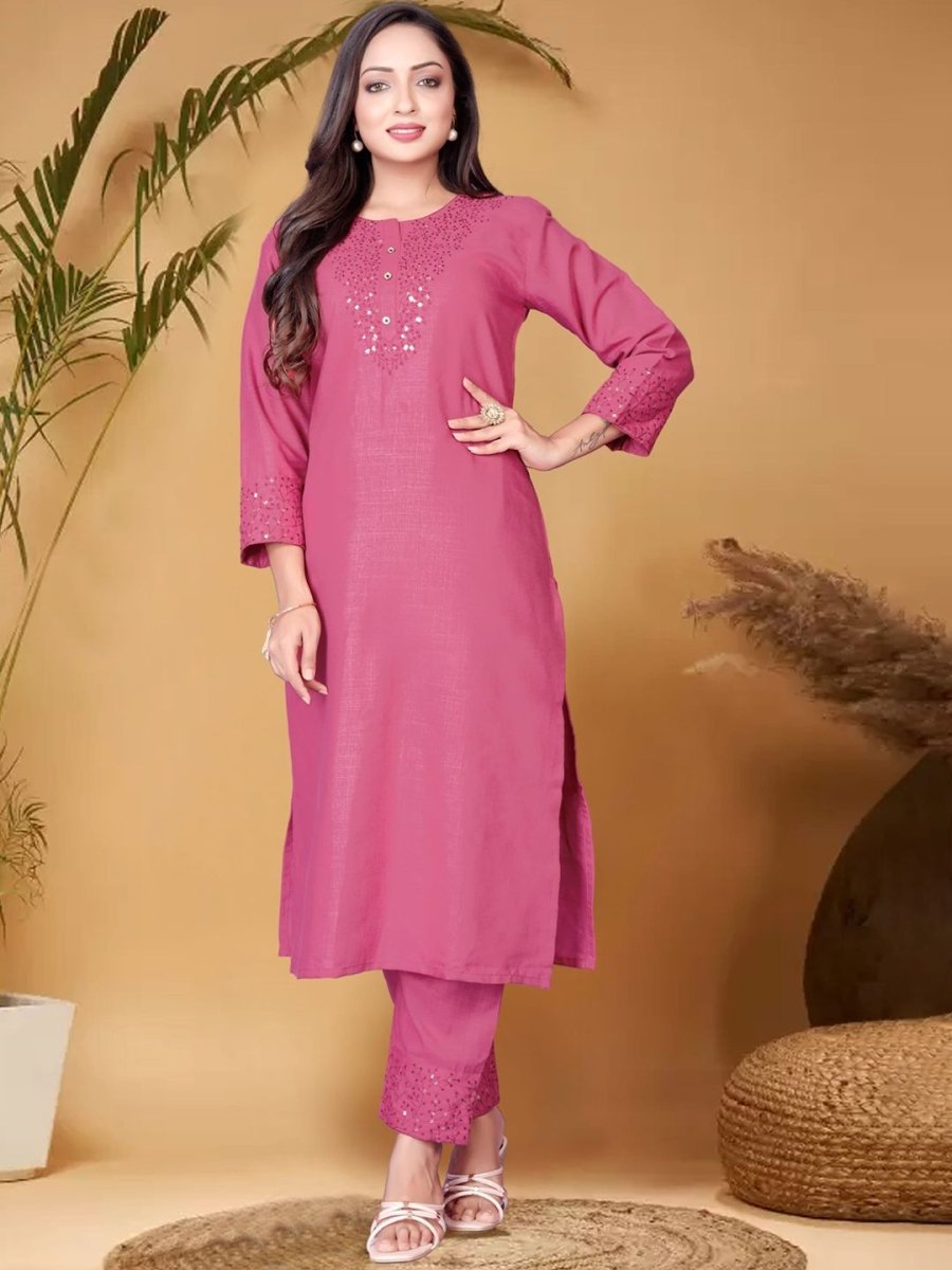 Anouk Pink Ethnic Motifs Yoke Design Sequined Straight Kurta with Trouser & Dupatta