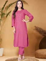 Thumbnail for Anouk Pink Ethnic Motifs Yoke Design Sequined Straight Kurta with Trouser & Dupatta
