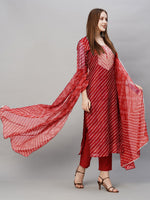 Thumbnail for Kalini Leheriya Printed Regular Thread Work Kurta With Trousers & Dupatta - Distacart