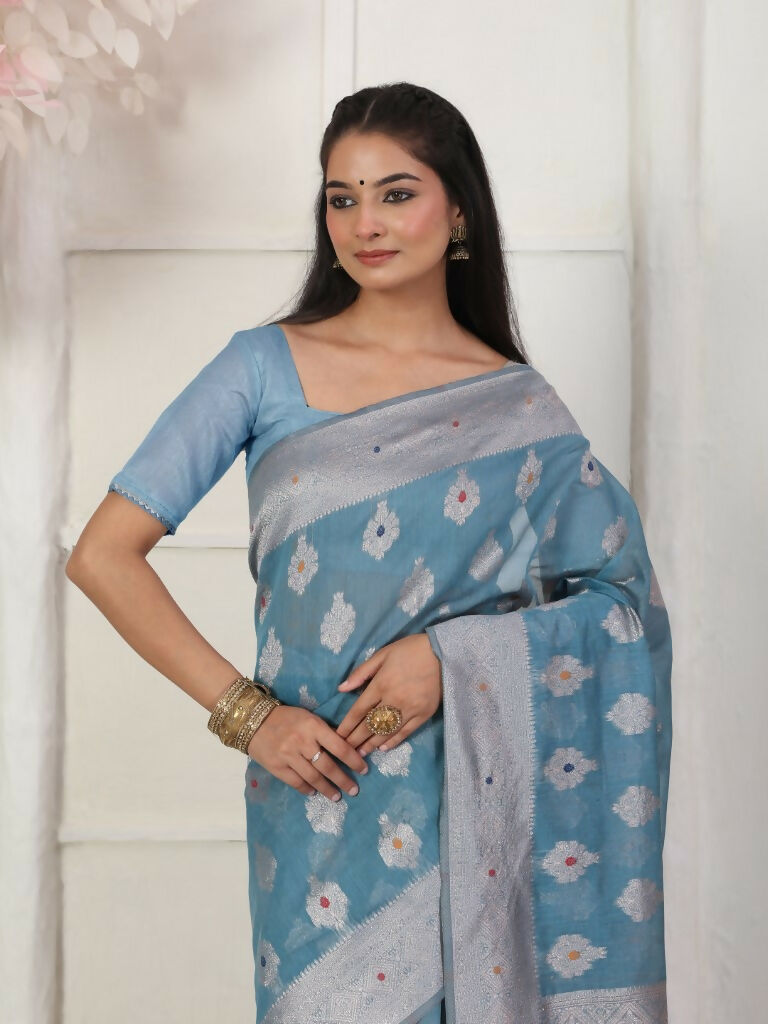 Astita Linen Cotton Sky Blue Saree