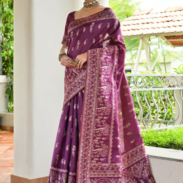 Vishnu Weaves Women's Wine Handloom Raw Silk Thread Weaving Saree with Blouse