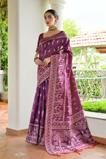 Thumbnail for Vishnu Weaves Women's Wine Handloom Raw Silk Thread Weaving Saree with Blouse