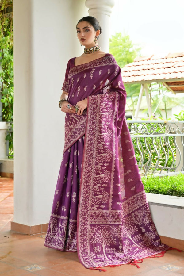 Vishnu Weaves Women's Wine Handloom Raw Silk Thread Weaving Saree with Blouse