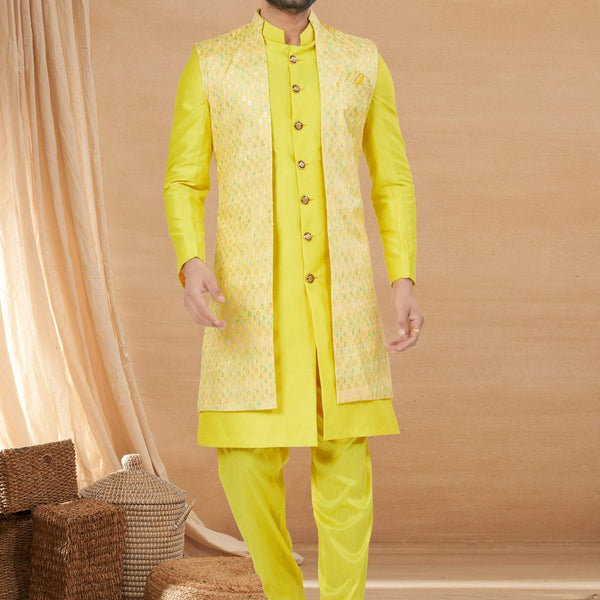 Joban Fashion Men's Lemon Yellow Heavy Art Silk Double Finish Plain Indowestern - Distacart