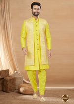 Thumbnail for Joban Fashion Men's Lemon Yellow Heavy Art Silk Double Finish Plain Indowestern - Distacart