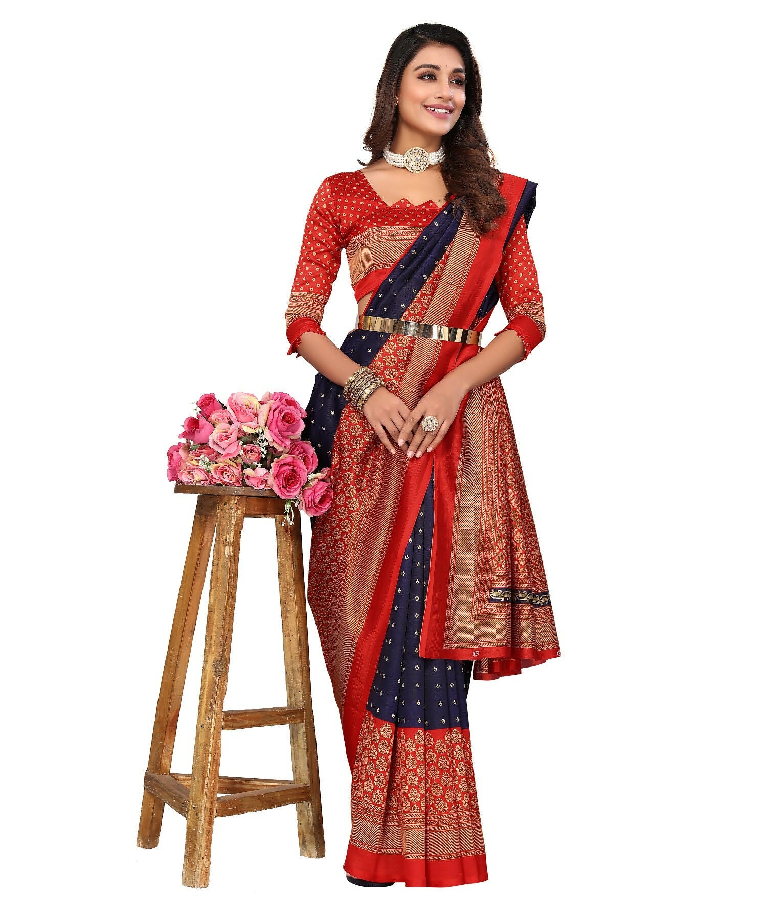 Vamika Navy Blue Printed Art Silk Saree - Distacart