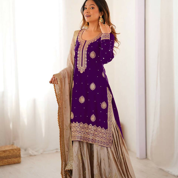 Lehenga Mart Designer Sharara Suit With Kurta, Sharara, Dupatta For Women-Purple - Distacart