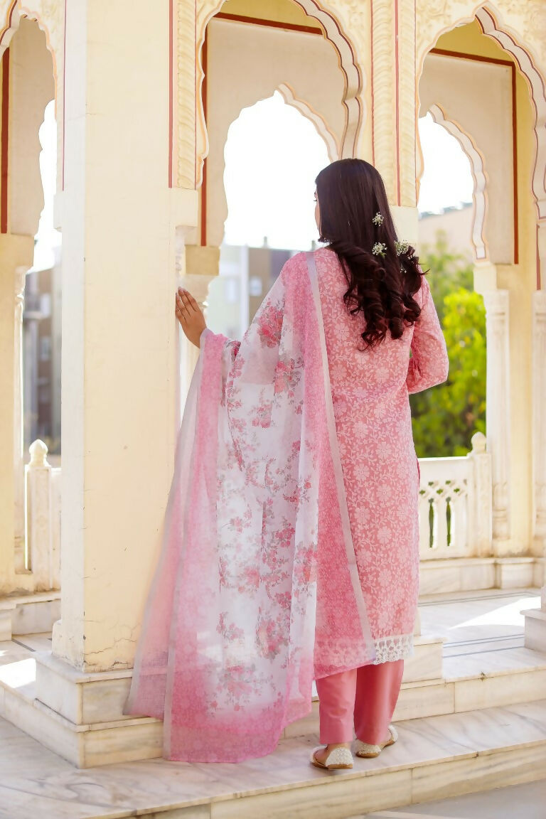 Vaasva Women Candy Pink Linen Printed Kurta, Pant & Dupatta set - Distacart