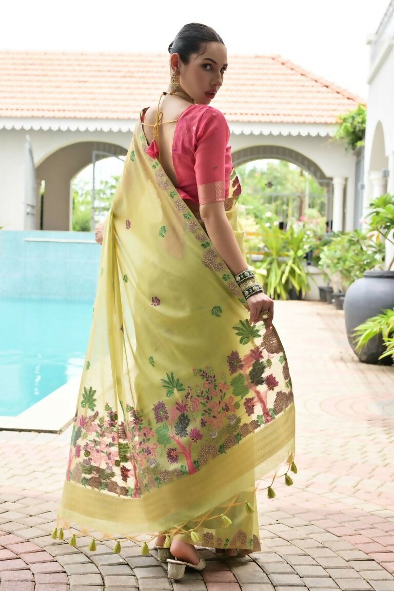 Vishnu Weaves Women's Pista Muga Cotton Thread Weaving Saree with Blouse