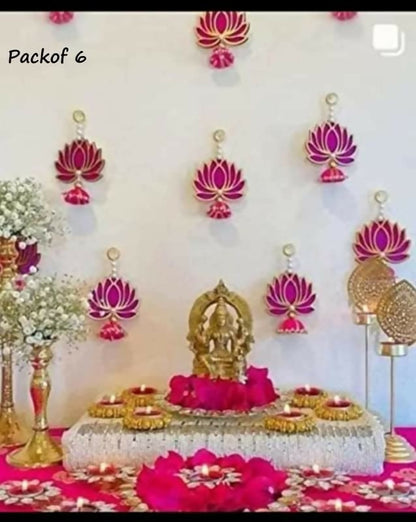 Divyakosh Handmade Lotus Hanging Decoration – Set of 6 Pink/Rani - Dista