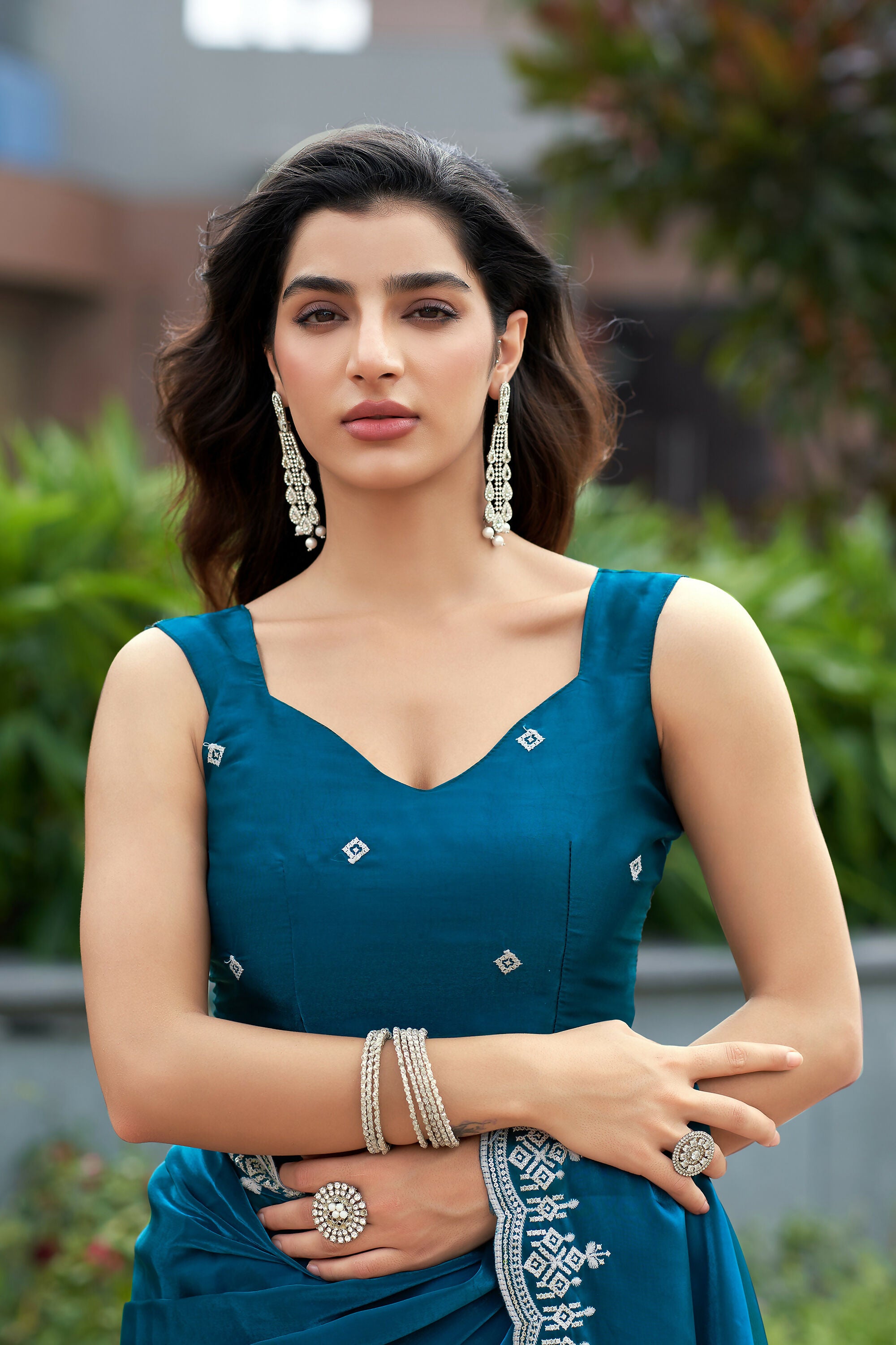 Vastranavya Teal Embroidery Work Shimmer Chiffon Saree with Unstitched Blouse