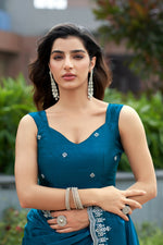 Thumbnail for Vastranavya Teal Embroidery Work Shimmer Chiffon Saree with Unstitched Blouse
