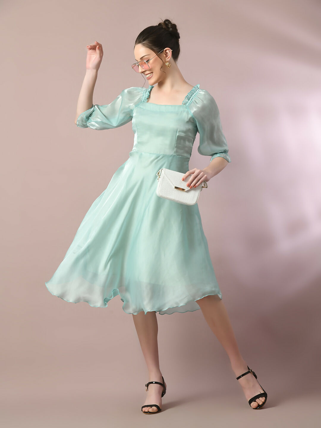 Myshka Women's Sea Green Solid Square Neck Fit and Flare Party Dress - Distacart