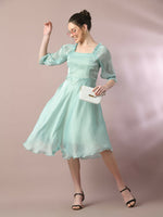 Thumbnail for Myshka Women's Sea Green Solid Square Neck Fit and Flare Party Dress - Distacart