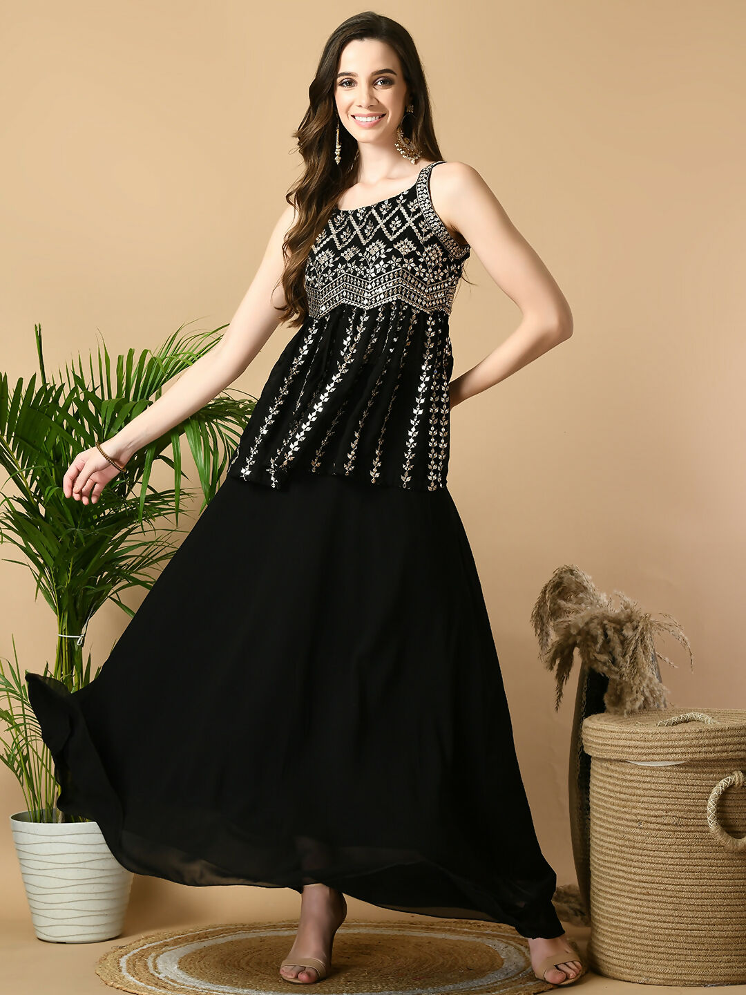 Myshka Women's Black Georgette Top With Skirt Party Sets - Distacart