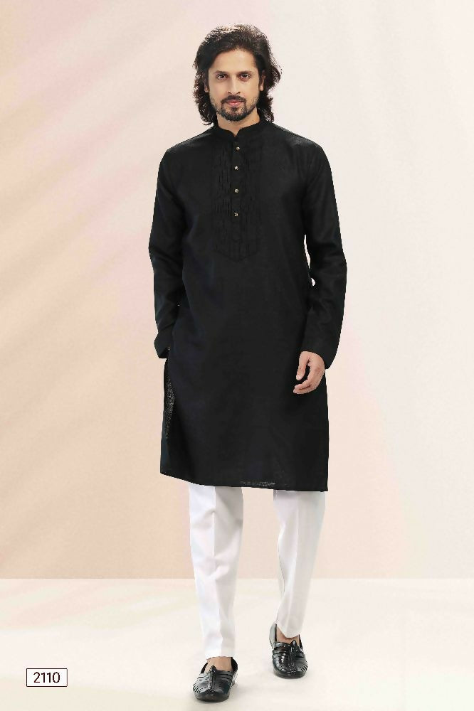 Raivat Ethnic Linen Cotton Pintux Work Kurta Pajama In Black Colour - Dista