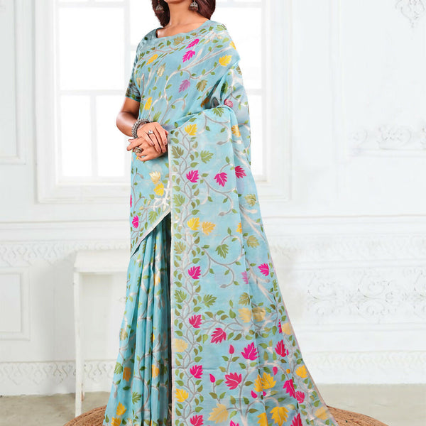 Astita Linen Cotton Sky Blue Saree