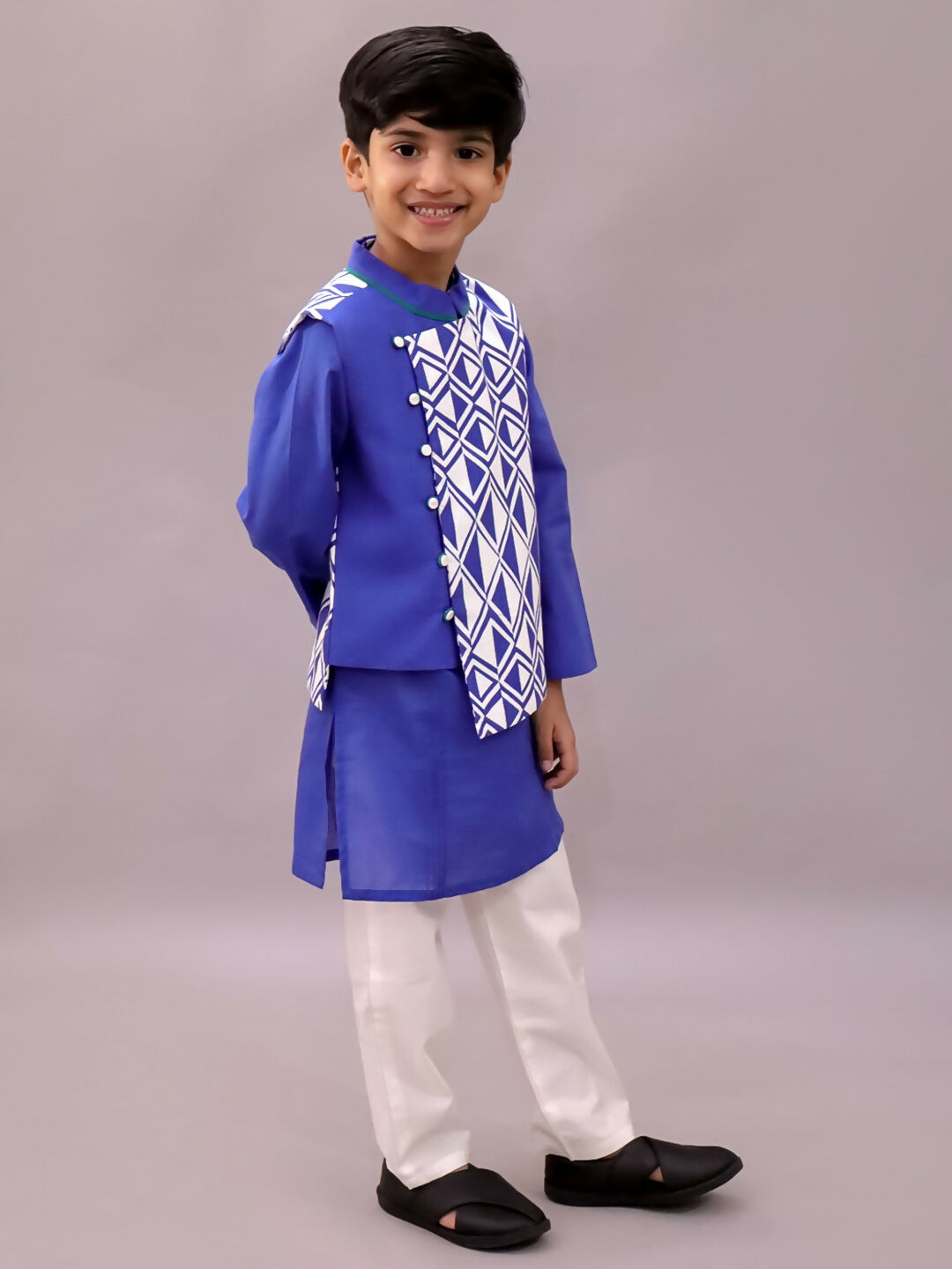 Lil Drama Shor-Gul Blue Kurta Pyjama with Jacket Set For Boys