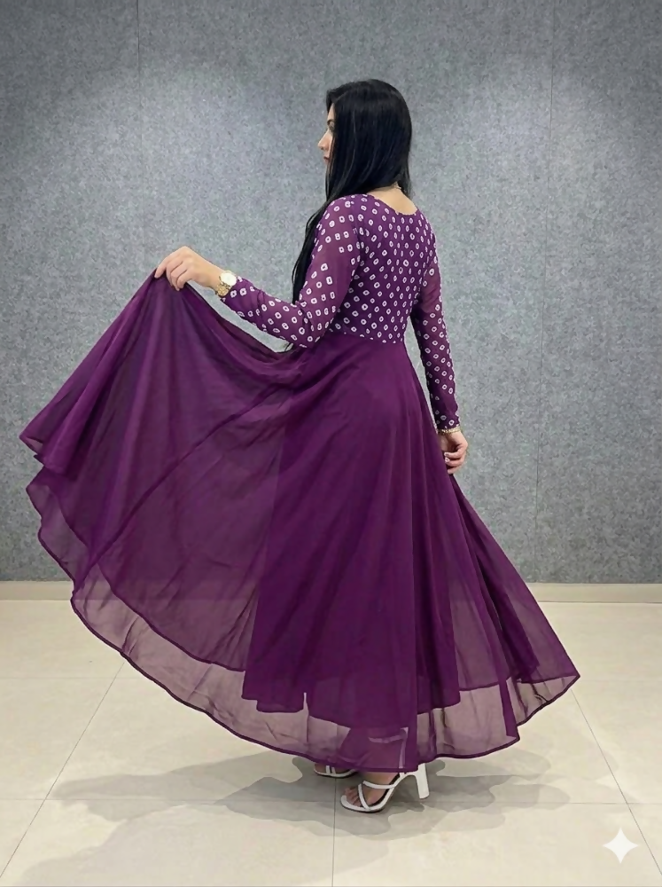 Teeya Creation Women's Wine Bandhani Print Anarkali Gown - Dista