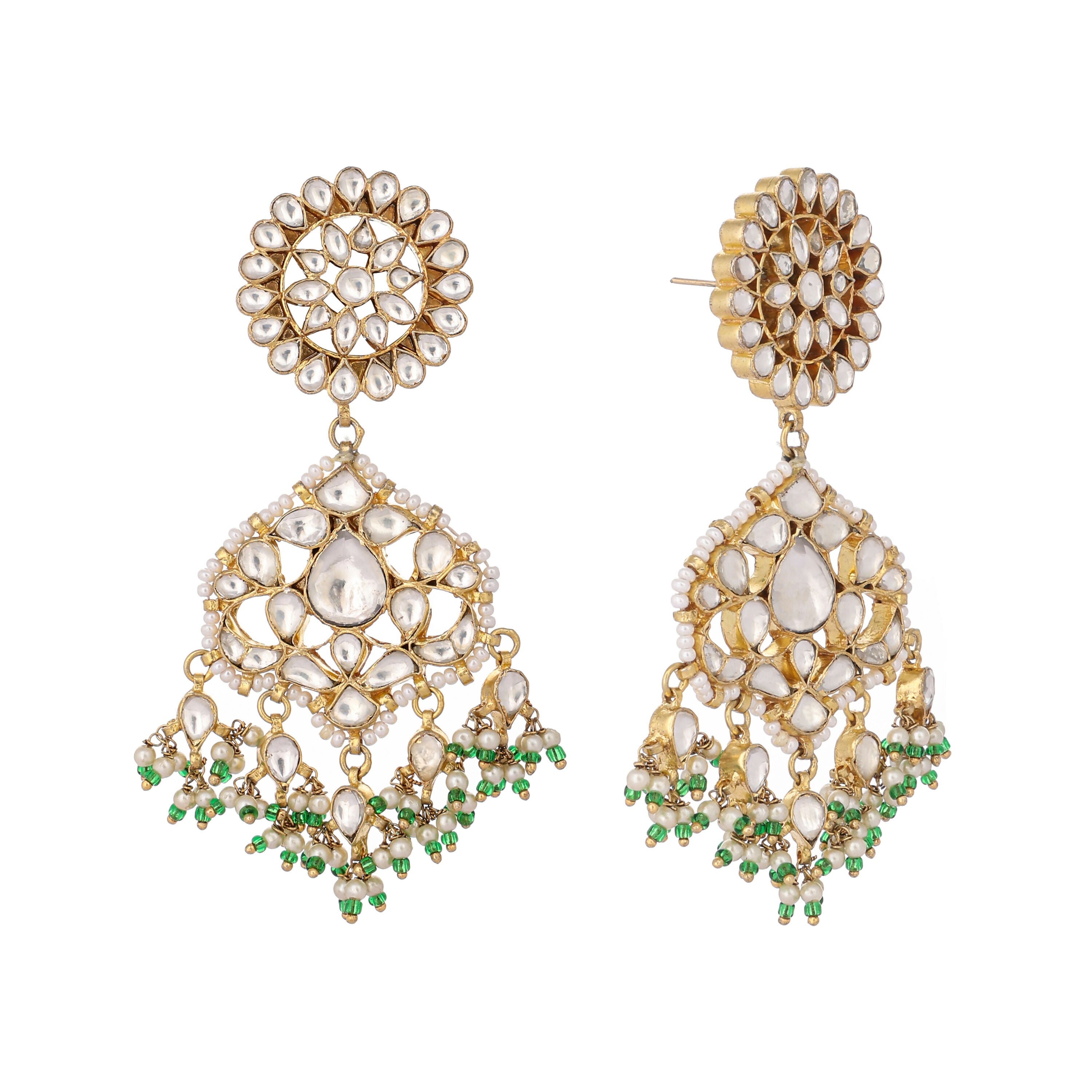 Nuyug 22K Gold Plated Traditional Kundan Studded Contemporary Dangler Earrings with Pearl and Green Bead Accents